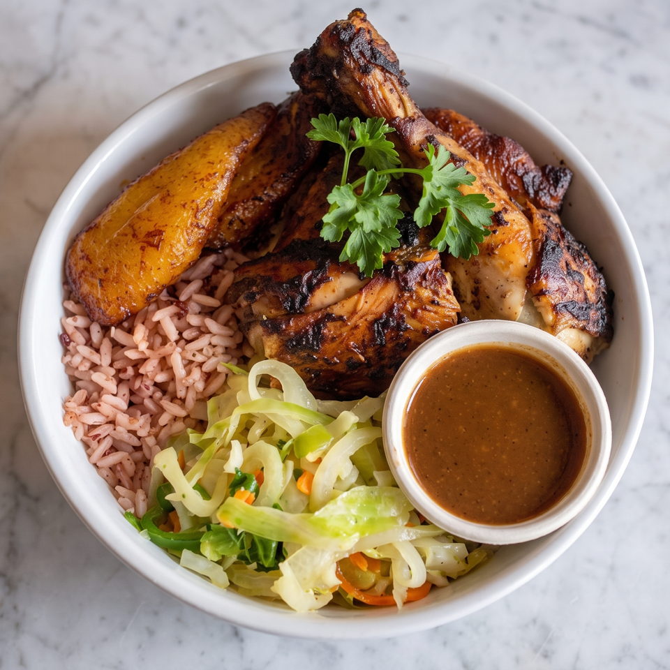 Bowl of grilled chicken with pink rice, mixed vegetables, brown sauce, and parsley garnish.