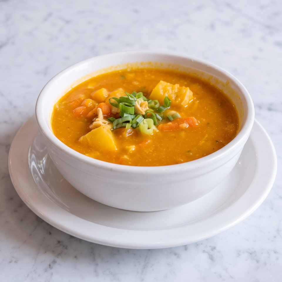 Bowl of golden vegetable soup topped with chopped green onions, served on a white saucer atop marble.